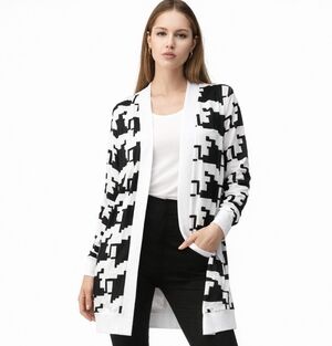 Camisa Large Houndstooth Graphic Cotton Open Cardigan Sweater Black White XL